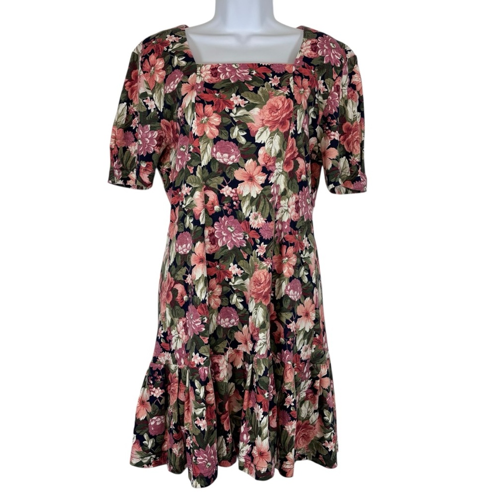 Zanoni by Jalate Floral Dress Vintage 90s Square Neck Drop Waist Midi Large USA
